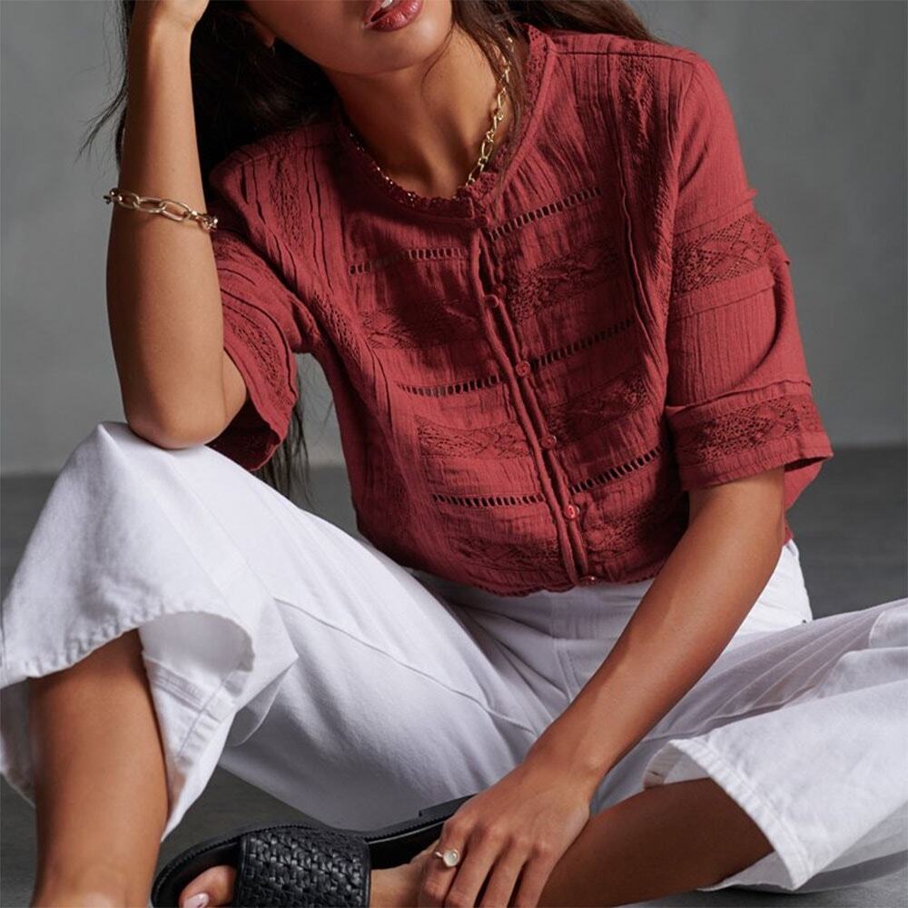 Superdry Rust Red lace insets Button-Front cotton Crop Blouse